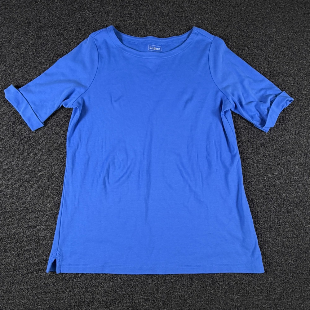 L.L.Bean Top Womens L 503590 Blue Boat Neck Short Sleeve Cuffed EUC